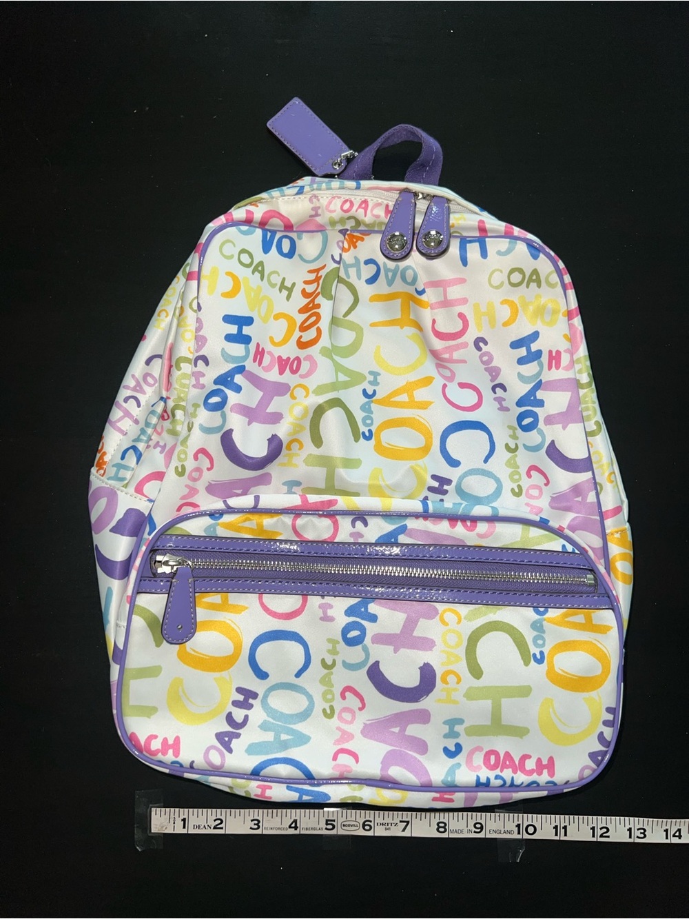 Coach White Multicolor Logo Backpack with Purple Trim